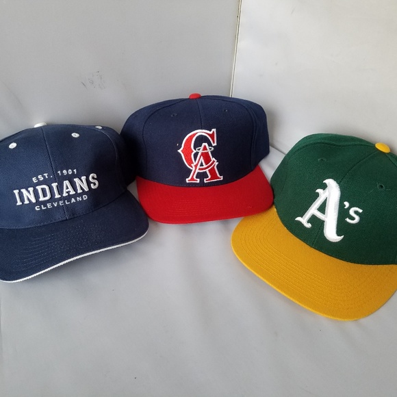 Lot of 3 Adjustable Hats MLB CA Cleveland Oakland